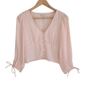 American‎ Eagle Blouse Top Womens XS Cropped Pink Button Coquette Fairy Peasant